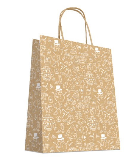 Sac Kraft Brun à poignées torsadées 24+12x31cm motif NOEL, Carton de 200 sacs