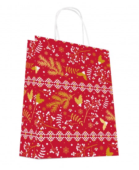 Sac Kraft IMPRESSION ROUGE à poignées torsadées 24+12x31cm motif NOEL, Carton de 200 sacs